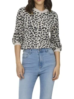 Pull beige à motif léopard pourvu d'un col rond et de manches longues