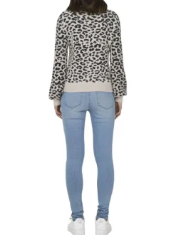 Pull beige à motif léopard pourvu d'un col rond et de manches longues