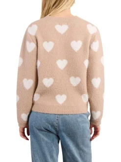Pull beige à motifs coeurs avec une coupe droite et un col rond