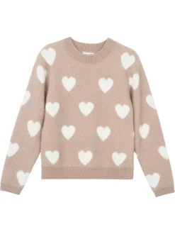 Pull beige à motifs coeurs avec une coupe droite et un col rond