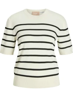 Pull beige orné d'un motif à rayures noires et pourvu d'un col rond