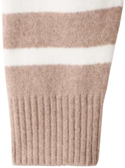 Pull beige à rayures blanches avec une coupe droite et un col montant