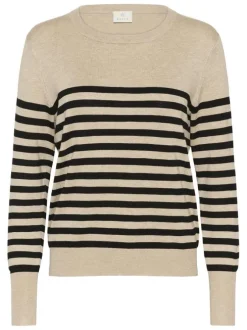 Pull beige à rayures pourvu d'un col rond et de manches longues
