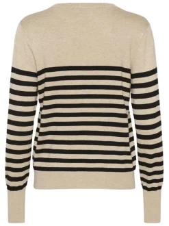 Pull beige à rayures pourvu d'un col rond et de manches longues