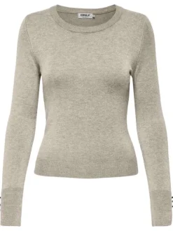 Pull beige uni avec un col rond à coupe droite et des boutons