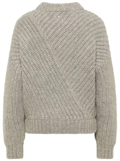 Pull beige uni avec un col rond côtelé et des manches longues