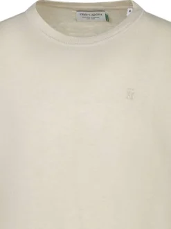 Pull beige uni avec une coupe droite à col rond et des manches longues