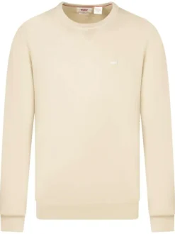 Pull beige uni avec une coupe droite à col rond et logo iconique