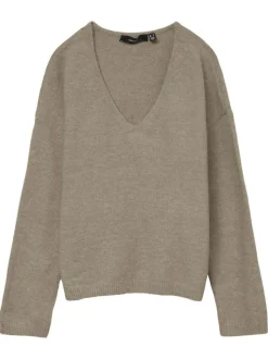 Pull beige uni à coupe droite avec un col v et des manches longues