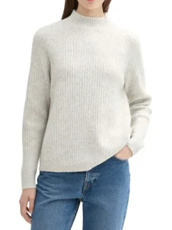 Pull beige uni à coupe droite, col montant et à manches longues
