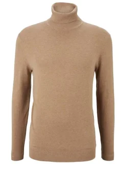Pull beige uni coupe près du corps col roulé