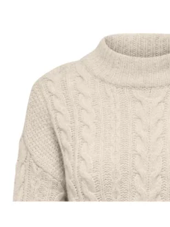 Pull beige uni droit, col montant et à manches longues en mailles tressées