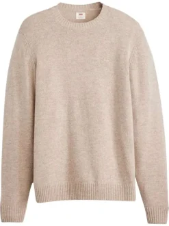 Pull beige uni en laine avec un col rond et logo de la marque sur la poitrine