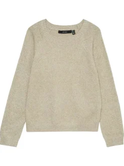 Pull beige uni incrusté de fils lurex avec un col rond