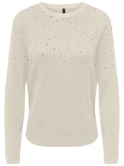 Pull beige uni pourvu d'un col rond côtelé et de manches longues