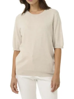 Pull beige uni pourvu d'une coupe ajustée et de manches courtes