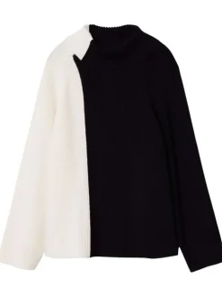 Pull black bicolore coupe droite avec un col roulé et des manches en bord côte