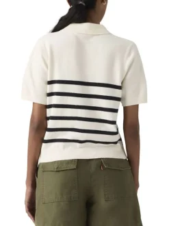 Pull blanc et noir à rayures pourvu d'un col polo et de manches courtes