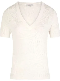 Pull blanc uni à coupe ajustée, col v et à manches courtes et motifs végétaux