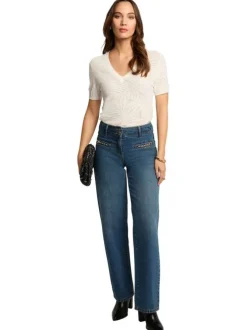 Pull blanc uni à coupe ajustée, col v et à manches courtes et motifs végétaux