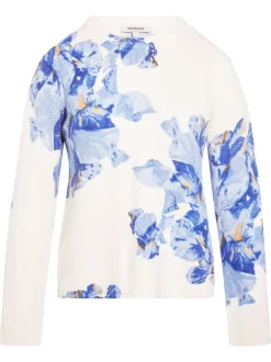 Pull bleu ciel imprimé floral avec une coupe droite et un col rond