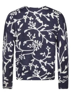 Pull bleu et écru à imprimé floral avec un col rond et des manches longues