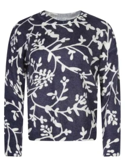 Pull bleu et écru à imprimé floral avec un col rond et des manches longues