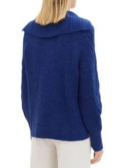 Pull bleu éléctrique uni à coupe droite un col à rabat et des manches longues