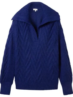Pull bleu éléctrique uni à coupe droite un col à rabat et des manches longues