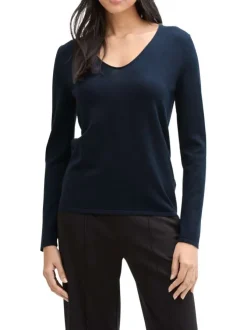 Pull bleu marine uni avec une coupe ajustée et un col v arrondi