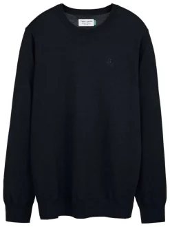 Pull bleu marine uni en maille avec un col rond et une coupe droite