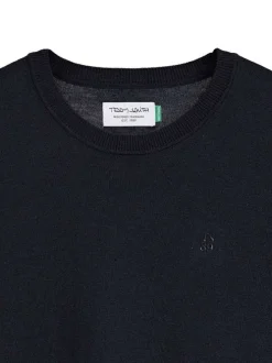 Pull bleu marine uni en maille avec un col rond et une coupe droite