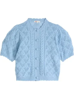 Pull bleu pourvu d'un col rond festonné et d'une fermeture boutonnée