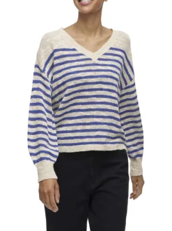 Pull bleu rayé avec une coupe droite à col v et des manches longues