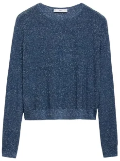 Pull bleu uni à coupe droite, col rond et à manches longues en lurex