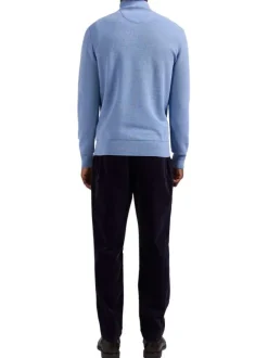Pull bleu uni droit avec un col camionneur zippé et à manches longues