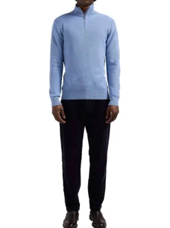 Pull bleu uni droit avec un col camionneur zippé et à manches longues