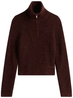 Pull brun uni avec une coupe droite à col camionneur et zip de fermeture
