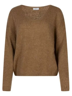 Pull camel uni coupe ample col en V avec des manches longues