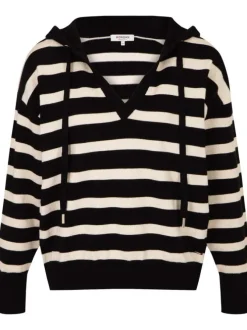Pull à capuche rayé noir et blanc à coupe ample avec col v et manches longues
