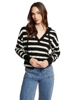 Pull à capuche rayé noir et blanc à coupe ample avec col v et manches longues
