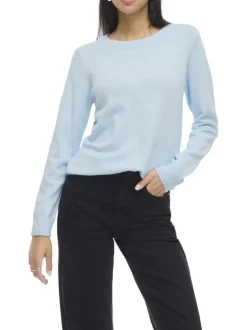Pull ciel uni avec une coupe droite et un col rond en bord-côte