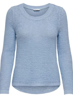 Pull ciel uni coupe droite avec un col rond et à manches longues