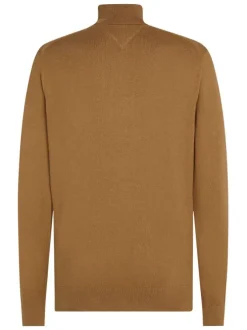 Pull col roulé en coton camel uni avec une coupe droite et un logo brodé