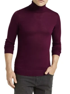 Pull col roulé homme droit uni rouge