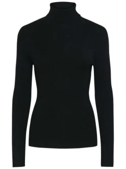 Pull col roulé noir uni avec une coupe près du corps et des manches longues