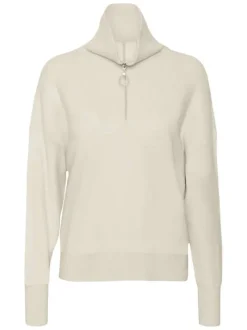 Pull à col roulé zippé écru uni avec une coupe droite et des fentes