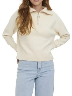 Pull à col roulé zippé écru uni avec une coupe droite et des fentes