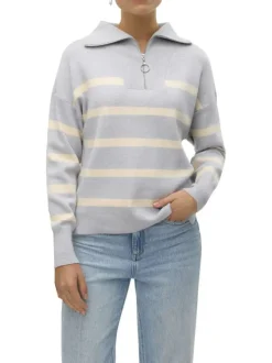 Pull à col roulé zippé gris clair à rayures écrues avec une coupe droite