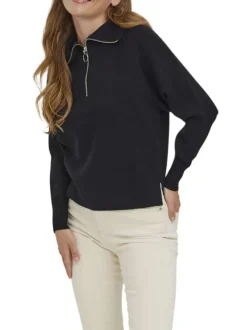 Pull à col roulé zippé noir uni avec une coupe droite et des fentes